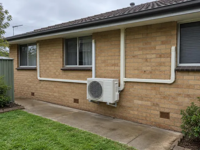 Outdoor air conditioning unit on brick house wall with white pipe covers around windows in Reynella